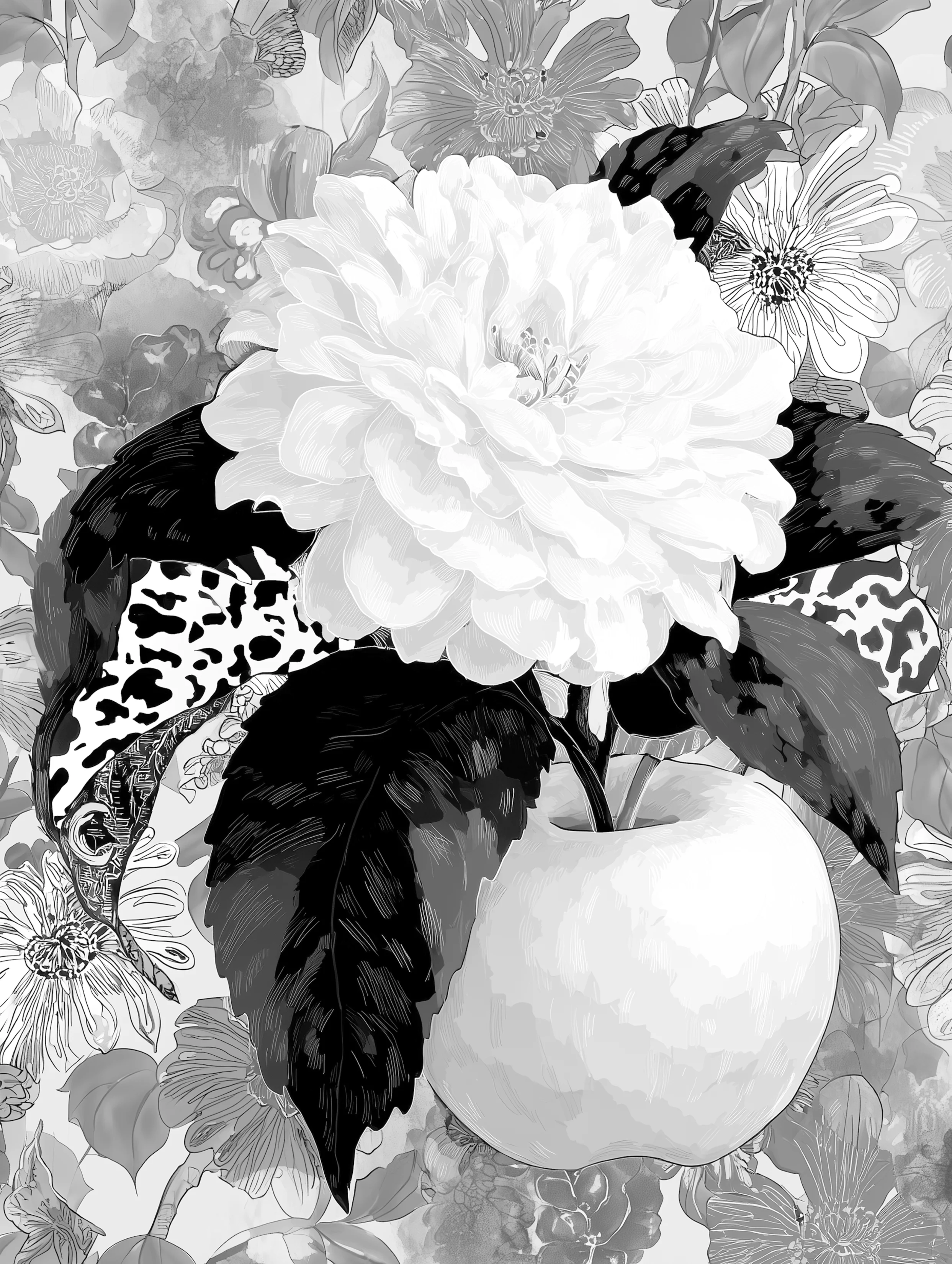 Free printable apple coloring page for adults featuring big white flower and an apple